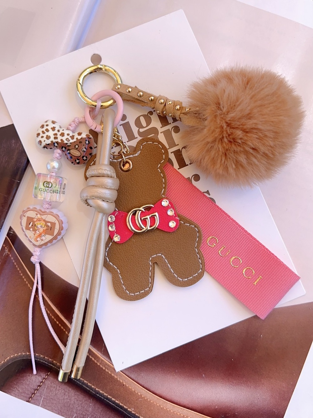 Authentic Valentine’s Exclusive Gucci Ribbon with unbranded Bear Bag Charm & Pom